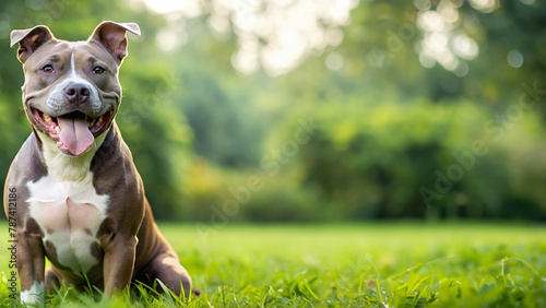 pitbull dog with a cheerful face and sitting on the grass