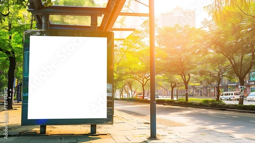 bus shelter blank ad panel billboard display empty white lightbox sign at busstop glass and aluminum structure city transit station urban street and green park setting outdoor advertis : Generative AI