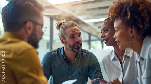 Group of diverse professionals engaged in discussion. Casual business meeting concept.