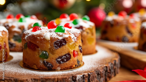 Delicious fruitcakes topped with candied fruits and dusted with powdered sugar, set against a festive holiday backdrop.