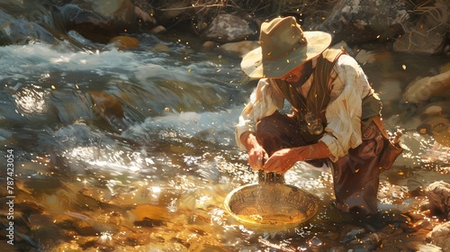 Determined Prospector Panning for Elusive Gold in Rushing River in Vintage Style