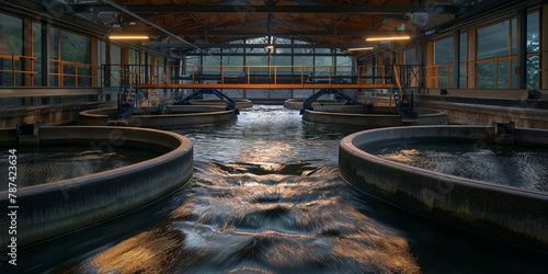 Image showcases the complex interior of a wastewater treatment facility with circular tanks and flowing water