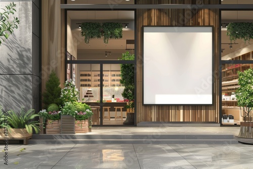 Modern bakery exterior with lush greenery and a large blank storefront sign