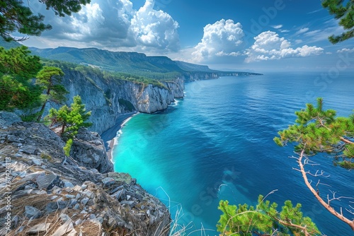 a landscape with the view of water from cliffs