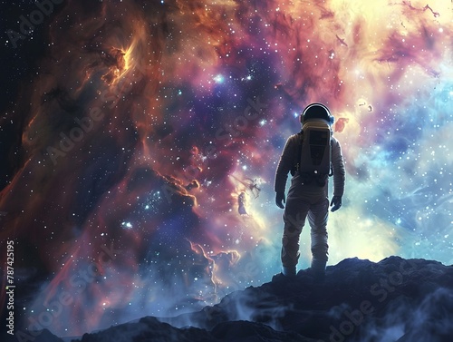 Lone Astronaut Gazes into Vast Cosmic Expanse Transfixed by Ethereal Nebula and Boundless Stars
