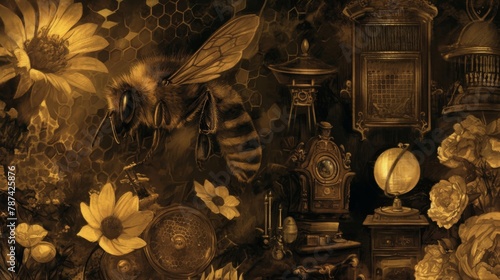 A honeybee tends to honeycombs up close, a detailed testament to the intricate workings of nature's ecosystem,Gothic horror settings