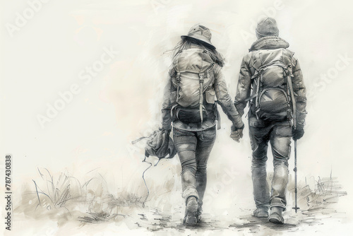 Pencil Sketch art of a couple hiking in forest, adventure