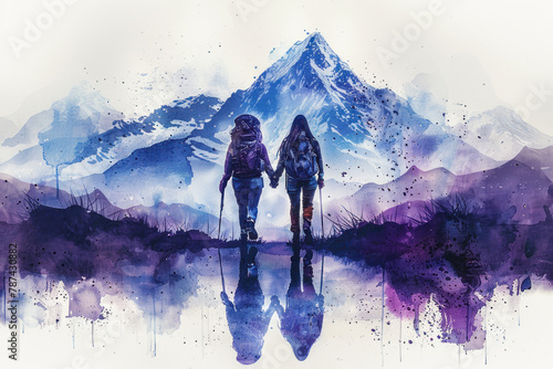 Purple watercolor painting of a couple hiking in forest, adventure
