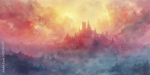 Explore an enchanting realm of epic battles, mythical beings, and vibrant watercolor illustrations centered around a majestic castle.