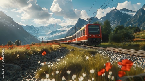 train on the railway in the montains, Modern Electric Train Amidst a Breathtaking European Landscape, Embracing Green Energy Inspiration
