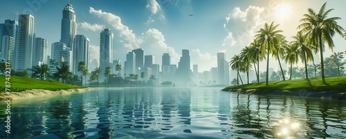 Miami Cityscape at Dusk, Reflective Waters with Vibrant Skyline, Travel and Urban Architecture Theme
