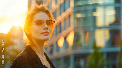 Portrait of attractive woman with short haircut wearing sunglasses and casual attire. Low angle shot of female businesswoman outdoors in urban city view at sunset