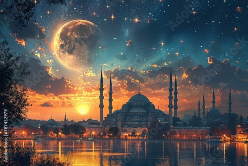 mosque religion islam muslim night ramadan moon minaret holy blue arabic sky