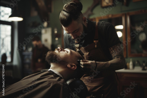 A professional barber is giving a client an old-fashioned shave in a vintage-inspired barbershop setting