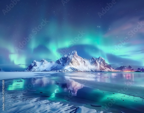 A beautiful northern lights display over the Lofoten Islands in Norway