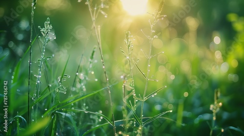 Sun shining through dewy grass in natural landscape