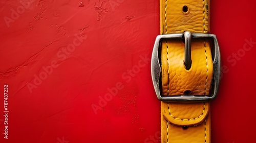 yellow new leather belt, strap with metal buckle isolated on red