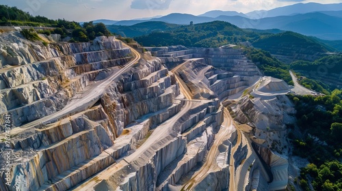 aerial view of massive industrial terraces in an openpit dolomite mine