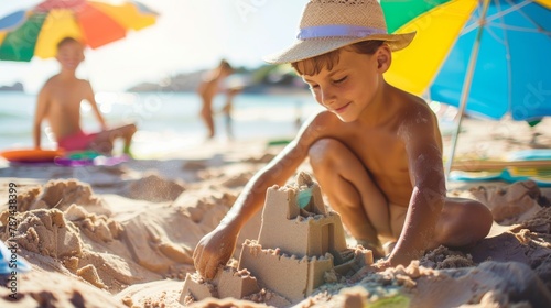 A young child is engrossed in building a sandcastle on a sunny beach, surrounded by colorful beach umbrellas and the ocean