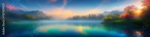 Abstract midsummer watercolor blurred landscape of mountain lake at sunset in delicate pastel colors. Abstract background for design, place for text. 