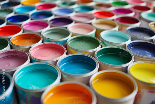 Open cans of paint in many colors, representing diversity and choice. The jars are arranged in an attractive manner, showcasing the full range of colors.