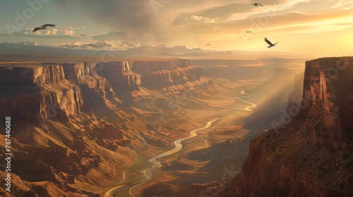 This breathtaking canyon bathed in the golden light of the setting sun, providing a tranquil yet awe-inspiring scene