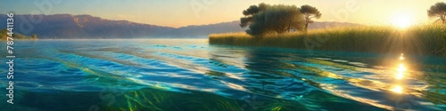 Abstract colorful illustration of splashing waves on river on midsummer sunset background, background for social media banner design, website, space for text 