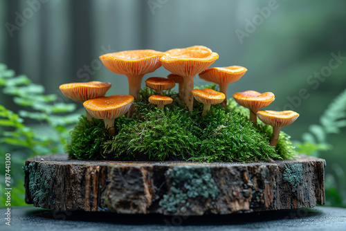 The family of fly agarics growing on a piece of dead wood with forest moss. Fly agaric in moff.