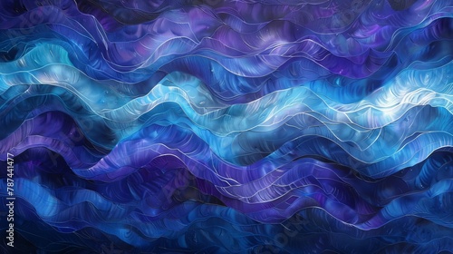 Vibrant digital art piece featuring flowing waves of blue and purple hues, resembling a dynamic ocean