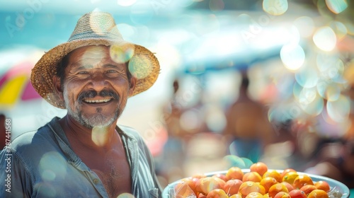 A man wearing a wide-brimmed hat sells fresh, ripe fruits on a sunlit beach with blurred vacationers around