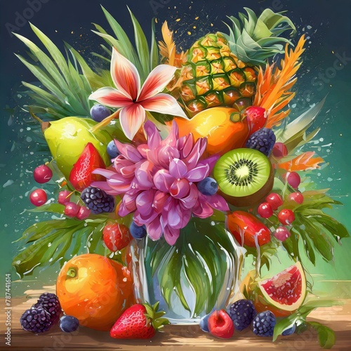 a vibrant digital illustration of a bouquet combining exotic flowers with luscious fruits dripping with juicy goodness.