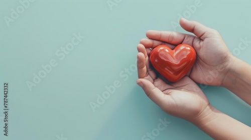 hands holding a red heart shape against a soft blue background love and care concept