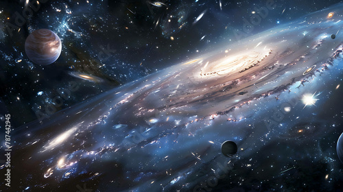 The image is a depiction of a spiral galaxy. The galaxy is surrounded by a number of stars and planets. The galaxy is blue and white in color.