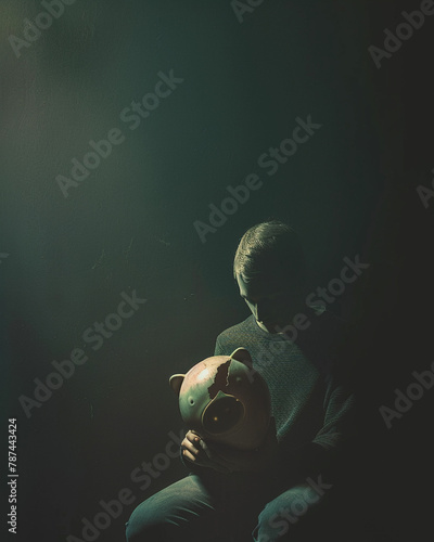 A figure sitting in a dark room, holding a broken piggy bank, a visual metaphor for the despair of financial loss