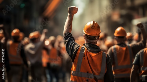construction workers raising their hands on a construction site, back view