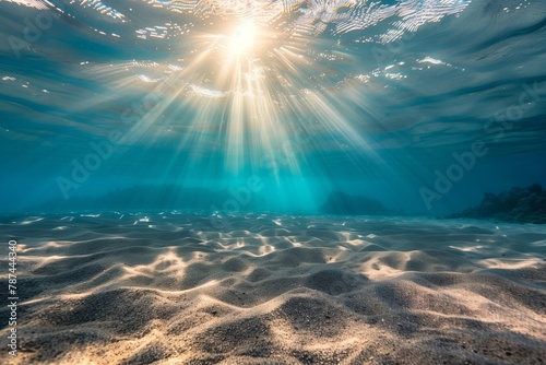 Sunlight streams underwater over sandy seabed