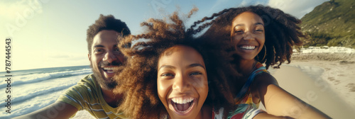 Happy smiling African American young people taking selfie against sea background, beach holiday with friends, banner