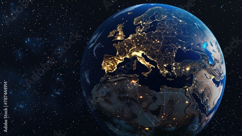 View of the Earth from space. Night lights of big cities. Urban symphony of lights, a testament to the interconnected world.