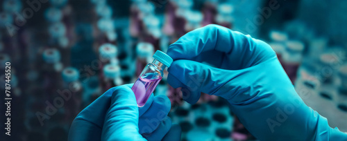 scientist holding medical testing tubes or vials of medical pharmaceutical research with blood cells and virus cure using DNA genome sequencing biotechnology as wide banner
