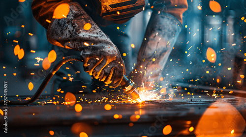 Close Up View of A Welder Hands Welding Steel at Construction Site Wearing Gloves 