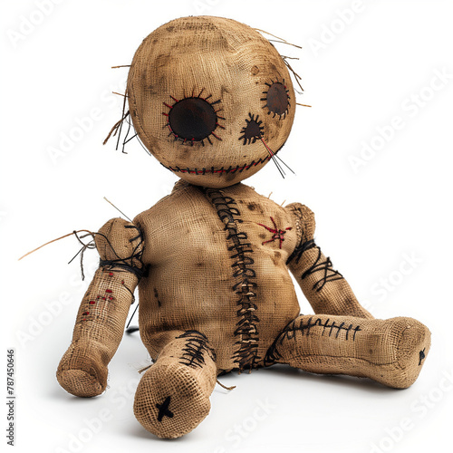 Scary voodoo rag doll on white background. Black magic and witchcraft concept. 3D digital illustration for design element, decor, card