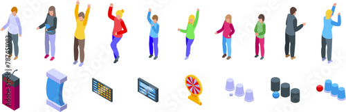 Winning guessing game icons set isometric vector. Show player. Stand button