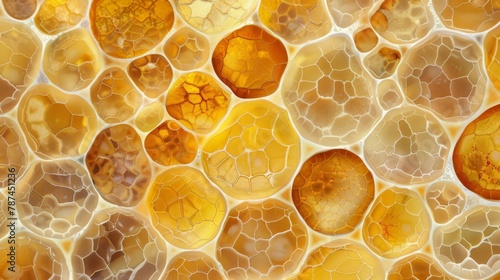 An adipose tissue sample under the microscope with the cells arranged in a honeycomb pattern. The cells vary in size and contain different