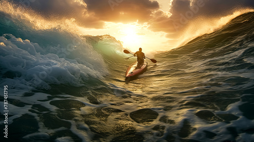 A man paddles a kayak in the ocean