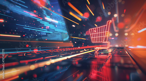 Animated icons of shopping carts racing towards a finish line on a laptop screen, metaphor for the competitive and exciting nature of online shopping deals