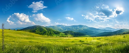 Beautiful spring landscape with green grassy hills and mountains on blue sky background panorama Canon R5