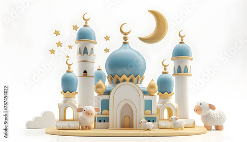 3D rendering of crescent moon, mosque and sheep decoration elements on white background, Eid ul adha