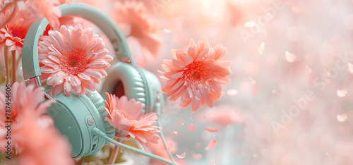 Pale greens over-ear headphones adorned with of fresh peach gerberas on pink background. Visually contrast between technology and nature