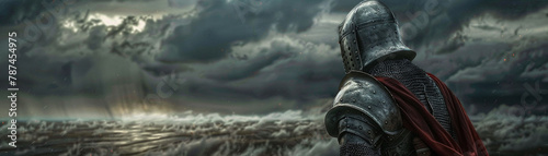 A formidable warrior in armor overlooks an ominous landscape, the calm before the storm in a historic battlefield