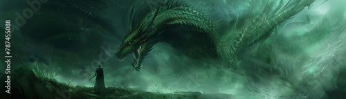 A menacing green dragon in a dark fantasy landscape, fierce and majestic in its mythical presence